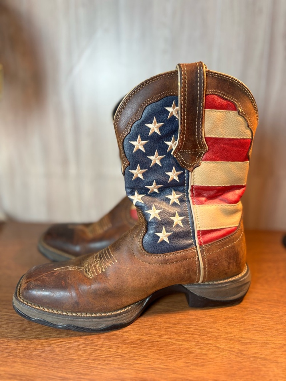 Durango Lady Rebel Brown Leather Western Boots with American Flag Shaft Women’s